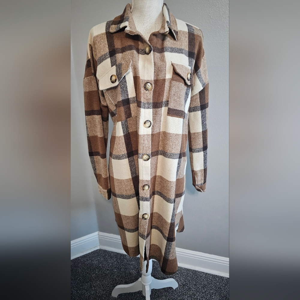 Elegant Brown and Cream Checkered Trench Coat